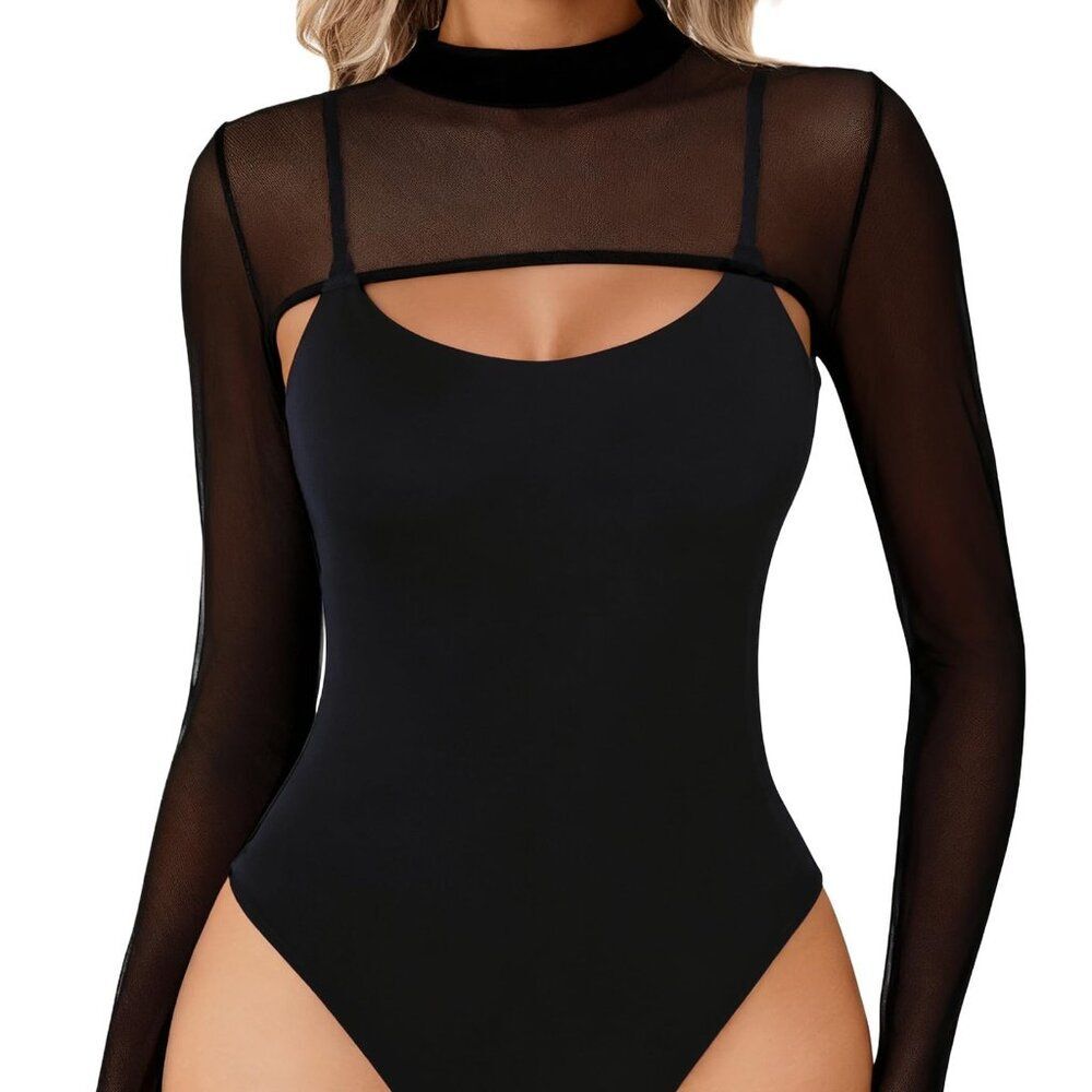 Y2K Black Mesh Bodysuit Set Avidlove Double Layer Long Sleeve Thong